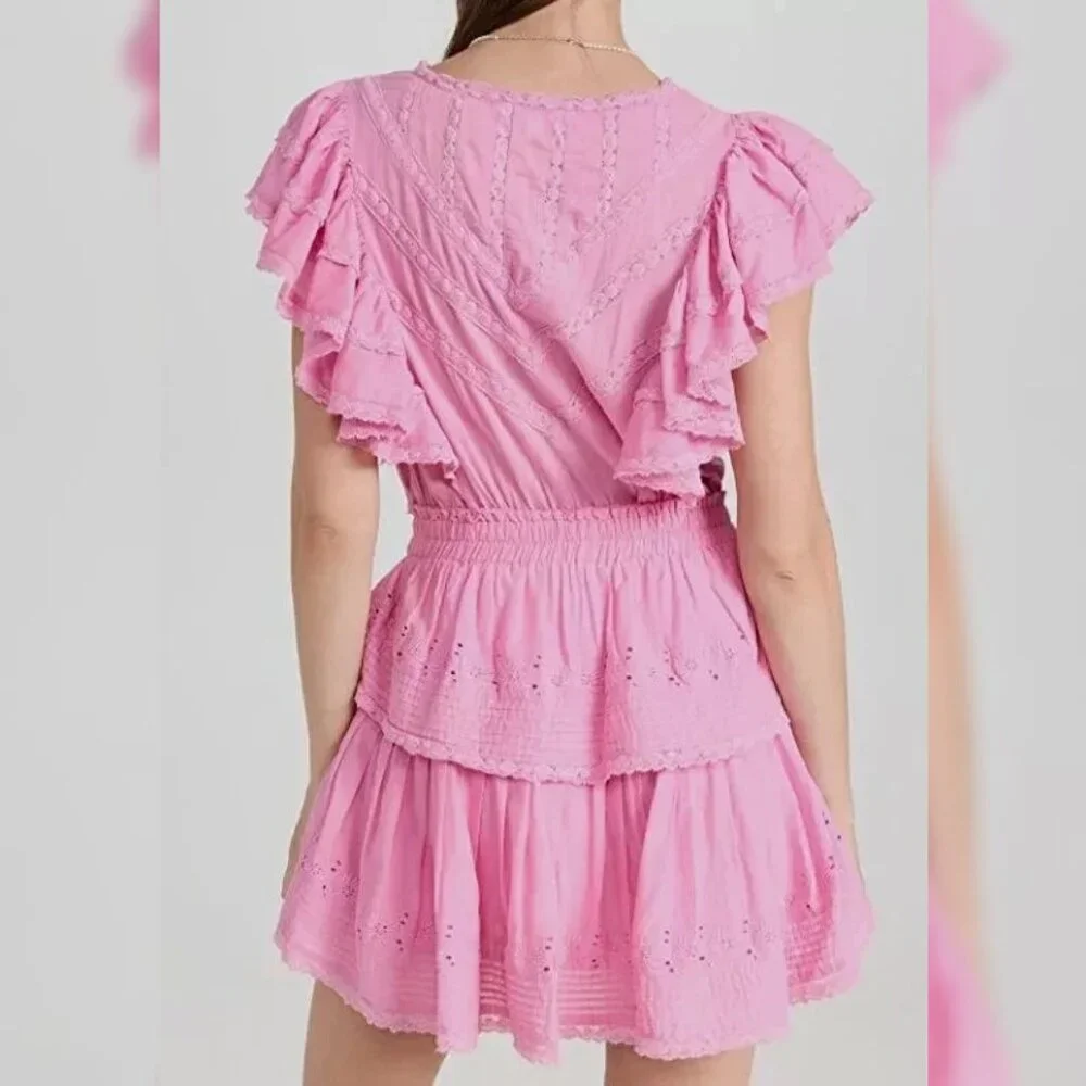 LoveShackFancy Gwen Heritage Mini Dress S 6 Embroidered Cotton Pink Short 42378 - Picture 2 of 6